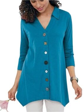 Soft Surroundings Women’s Teal Mix Match Button-Front Tunic Top